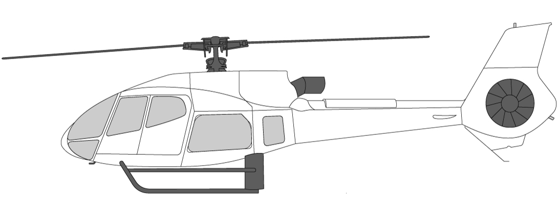 Eurocopter EC130 helikopter sett fra siden — romslig kabin med fenestron halerotor