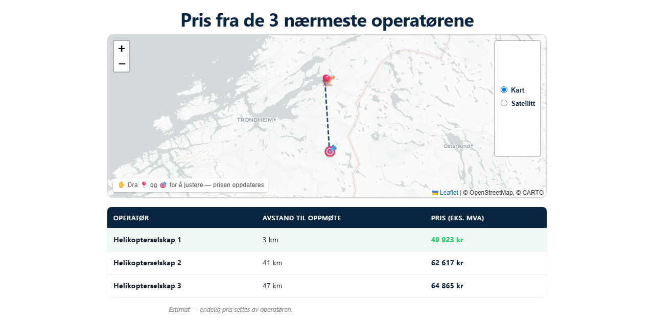Pris helikopter lasteflyging Midt-Norge — eksempel fra prisestimat-kalkulatoren med pris fra de tre nærmeste helikopteroperatørene