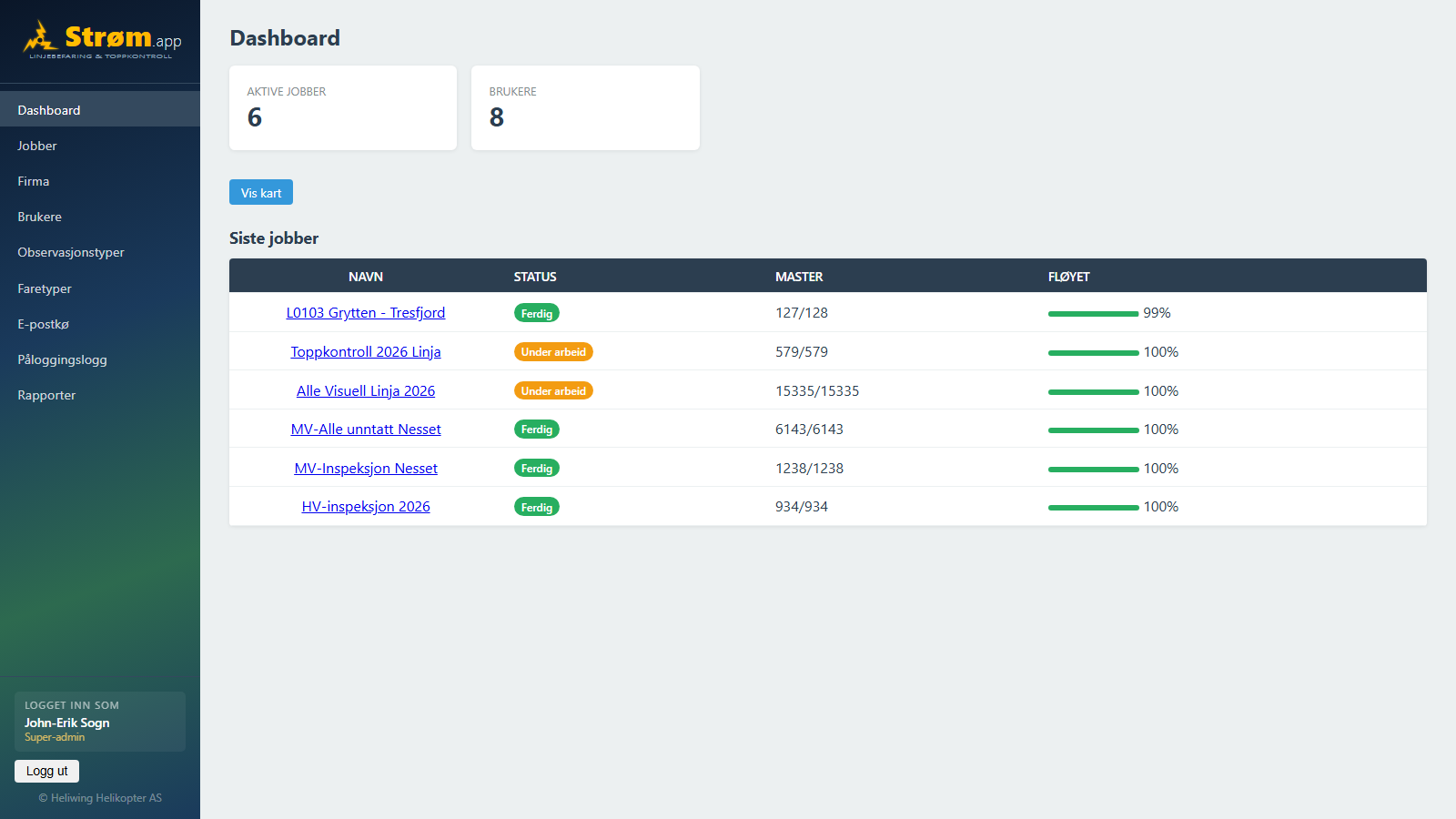 Strøm.app dashboard — oversikt over aktive jobber, master befart og fløyet-progress pr kraftlinje