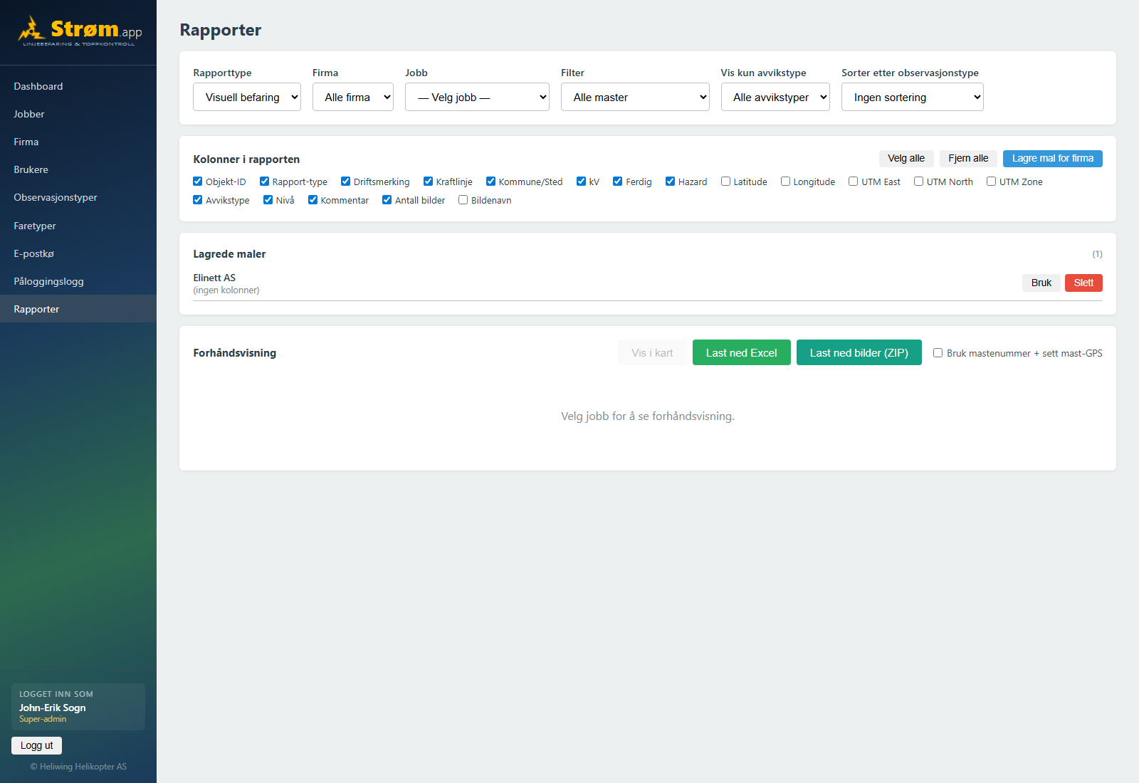 Strøm.app rapport-generator — eksport til Excel, kolonnevalg og bildedokumentasjon